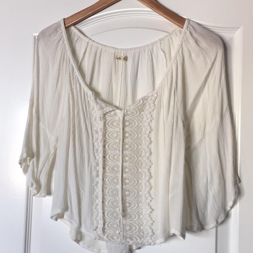 Hollister Off White Sheer Top With Lace Down Front